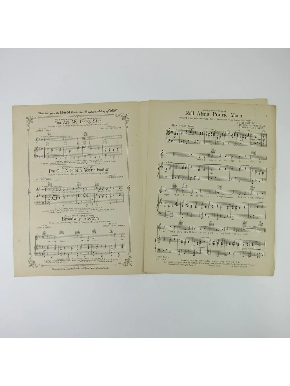 Sheet Music Roll Along Prairie Moon Here Comes The Band Ted Lewis Vintage 1935